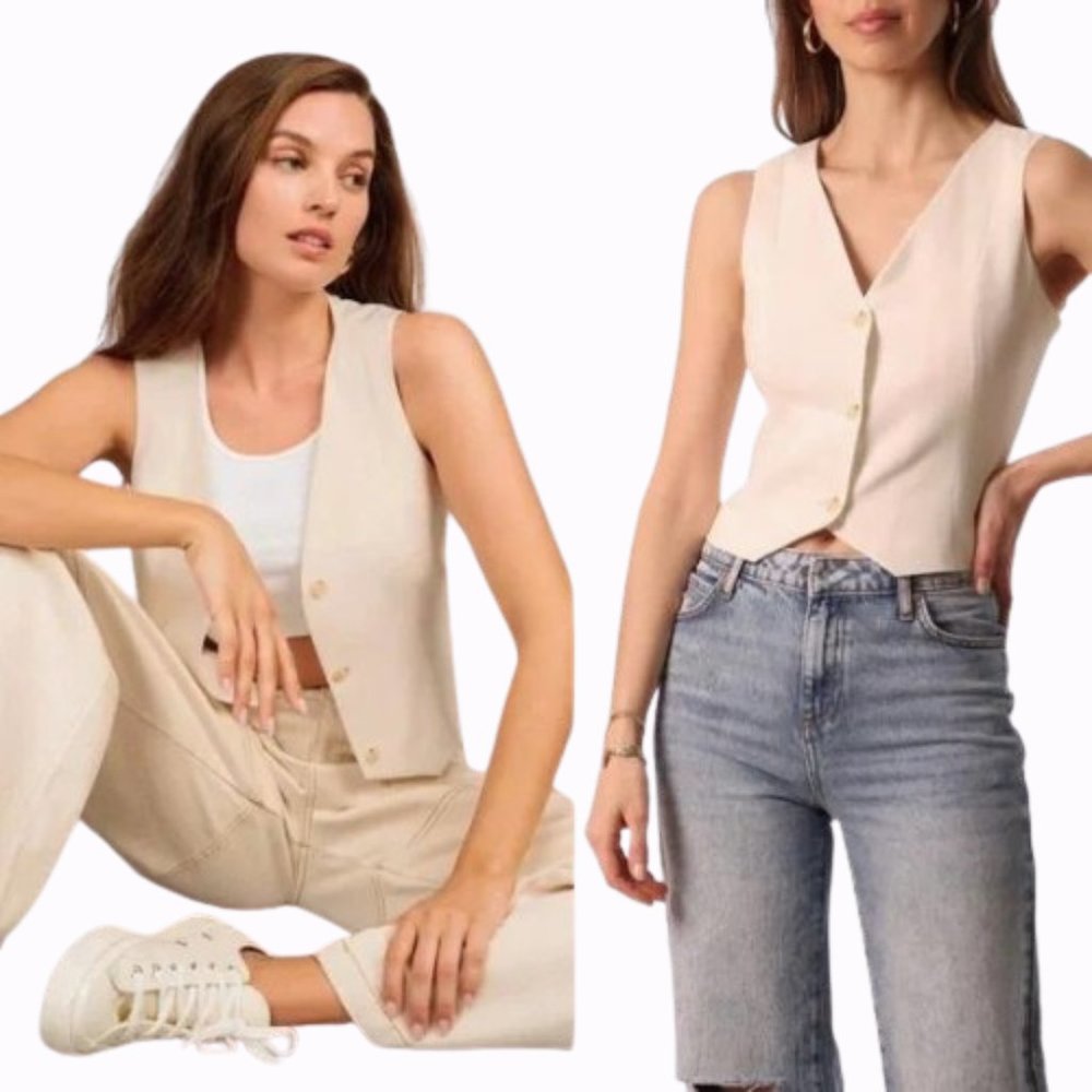 New! Avec Les Filles Cream Cropped Blazer Vest 17428